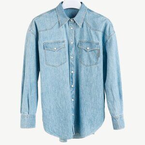 Brunello Cucinelli SS/22 Blue Monili-Trim Button-Down Long-Sleeved Denim Shirt